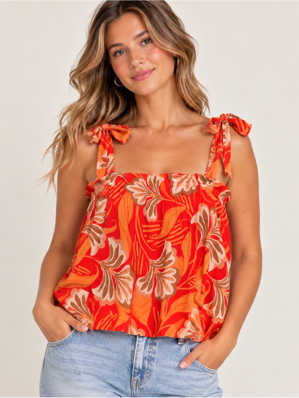 Band of the Free Orange Floral Tie Strap Cropped Top Size Small NWOT